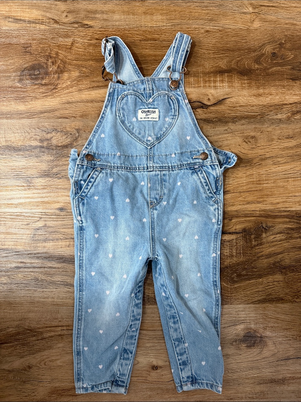 OshKosh B'gosh Girls Light Blue Denim Overalls with White Heart Print 18m